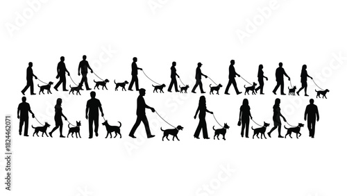 People walking dogs silhouettes isolated on white background, Vector
