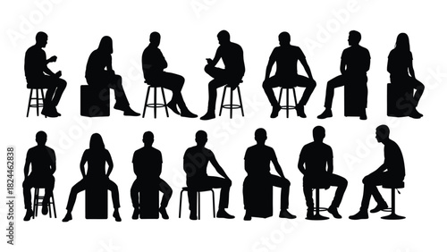 Collection of seated people silhouettes isolated on white background, Vector