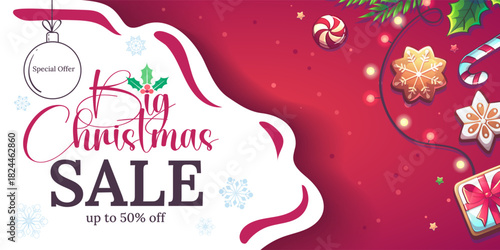 Festive Christmas sale banner featuring glowing lights, gingerbread cookies, candy canes, holly, gifts, and a bright red background. A cheerful holiday layout ideal for seasonal promotions.