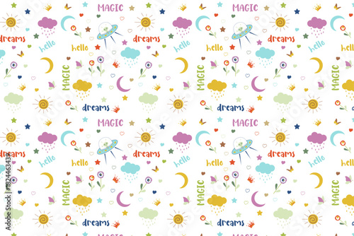 Whimsical seamless pattern with UFOs, moons, clouds, stars, hearts, and "hello," "dreams," "magic" text. Bright, playful design for kids or fantasy themes.