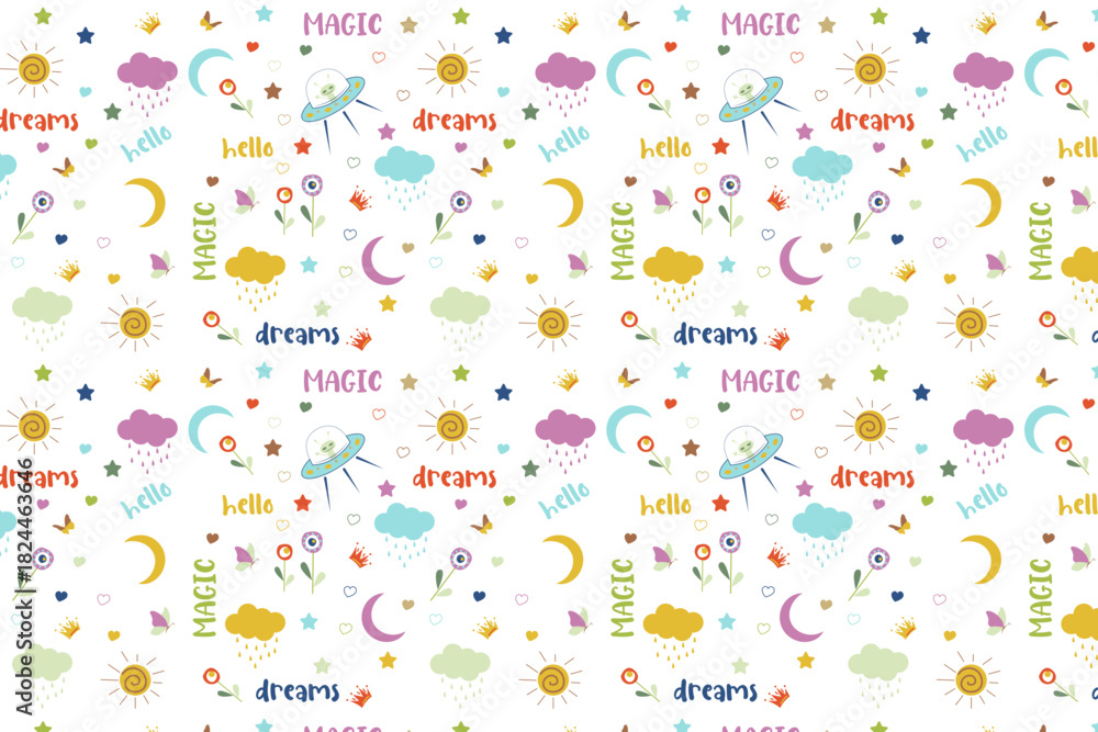 Obraz premium Whimsical seamless pattern with UFOs, moons, clouds, stars, hearts, and 