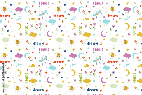 Whimsical seamless pattern with UFOs, moons, clouds, stars, hearts, and "hello," "dreams," "magic" text. Bright, playful design for kids or fantasy themes.