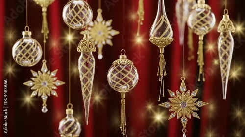Elegant gold christmas ornaments hanging against a rich red curtain backdrop create a festive holiday scene
