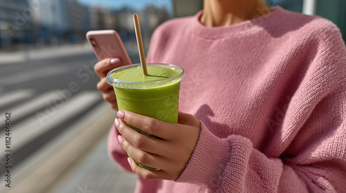 Young sporty woman drinking matcha tea in the street.