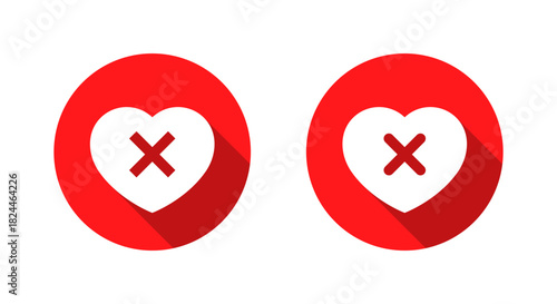 Heart with cross mark icon long shadow. Bad health symbol