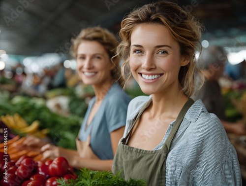 Confident vendor woman smiling widely at market produce stall, happy with her fresh vegetable and fruit harvest