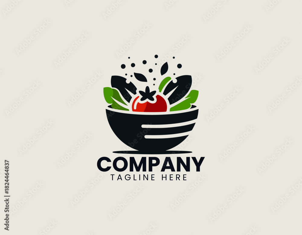 Naklejka premium Fresh salad dish presented with leafy ingredients crafted in a clean bold black vector illustration logo