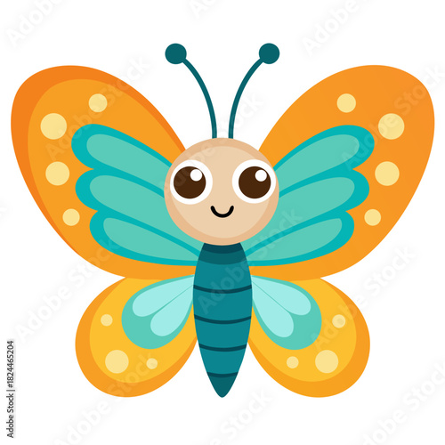 Cute cartoon orange and teal butterfly with smiling face and polka dots Keywords: butterfly, insect, cartoon, cute, smiling, happy, orange, teal