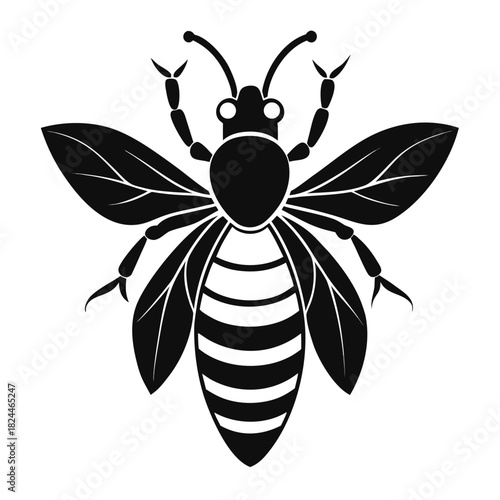 Detailed black silhouette of a bee with spread wings and striped abdomen on white insect animal