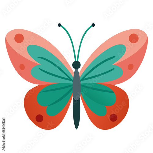 Flat design coral and teal butterfly with orange spots on white background insect animal