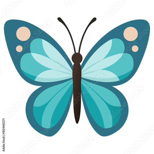 Flat design blue butterfly with pale pink spots on white background insect animal