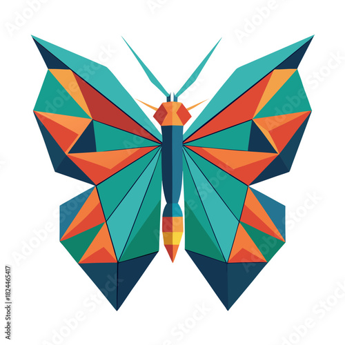 Geometric Origami Butterfly with Teal Orange Blue and Yellow Polygons abstract