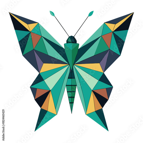 Geometric Origami Butterfly with Teal Green Purple and Yellow Polygons abstract