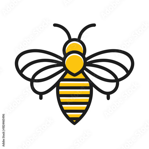Graphic bee icon with yellow accents and black outline on white Keywords: bee, insect, icon, symbol, stylized, graphic, illustration, yellow