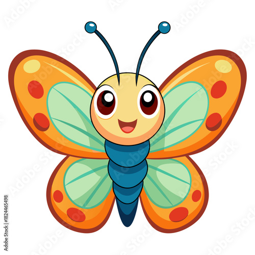 Happy cartoon orange and light green butterfly with red spots and wide eyes Keywords: butterfly, insect, cartoon, cute, smiling, happy, orange