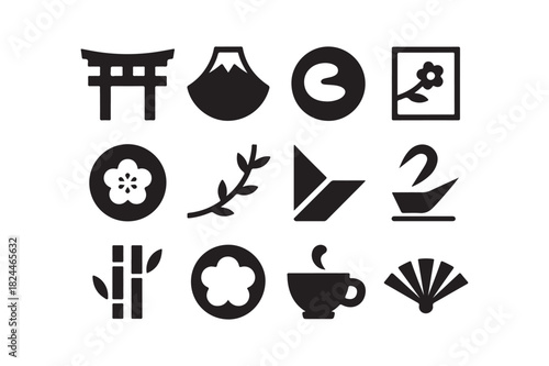 Japanese Culture Icon Set Silhouette Symbols for Vector Design