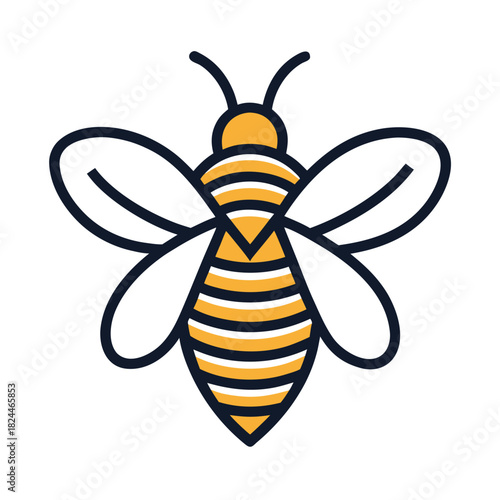Stylized bee graphic with yellow and white stripes and pointed abdomen on white background Keywords: bee, insect, icon, symbol, animal, nature