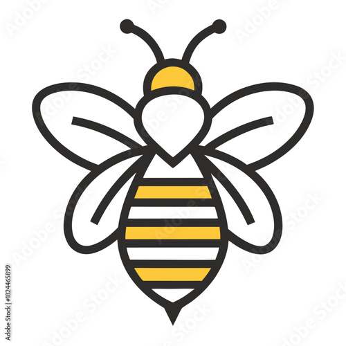 Stylized bee icon with yellow stripes and black outline on white Keywords: bee, insect, icon, symbol, stylized, graphic, illustration, yellow
