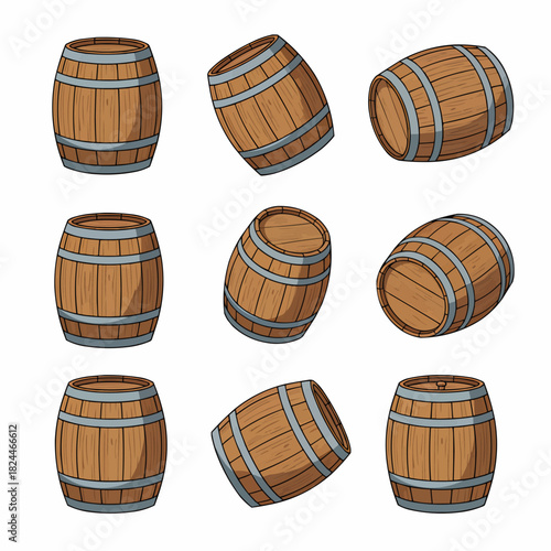 Set of Wooden Barrels Collection in Various Angles and Perspectives Isolated on White
