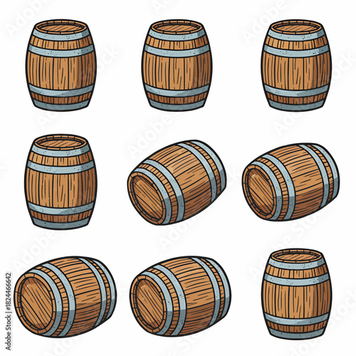 Wooden Barrels Collection Various Views for Wine Beer or Storage