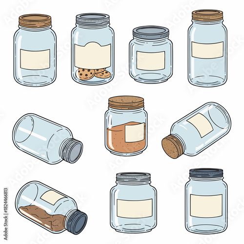 Hand Drawn Glass Jars and Bottles Set Food Storage Containers Collection Illustration