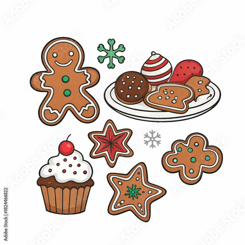 Christmas Cookies and Festive Cupcake Holiday Treats Illustration on White