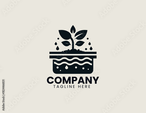 Hydroponic plant growing in a nutrient water system crafted in a clean bold black vector illustration logo