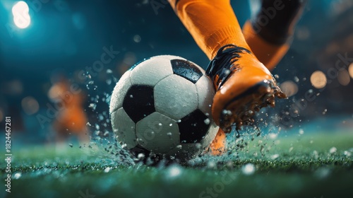 Soccer player kicking ball on green grass with splashing water