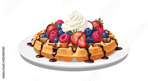 A delicious waffle topped with fresh strawberries, raspberries, blueberries, whipped cream, and chocolate drizzle for breakfast
