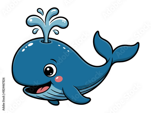 A smiling blue whale spouts water from its blowhole in a playful manner.