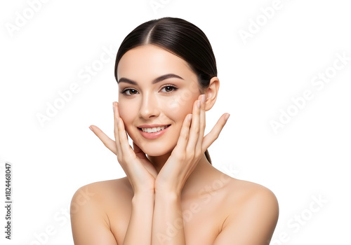 Beautiful healthy young woman with clear glowing skin happily touching her face, symbolizing effective skincare, natural beauty, and youthful radiance