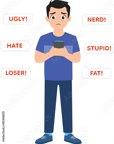 Sad depressed young man receiving abusive hateful messages on smartphone representing severe cyberbullying and digital harassment consequences for teenage mental health and self-esteem