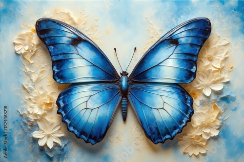 Bright blue butterfly resting on white flowers against a soft blue background in a serene display of nature's beauty