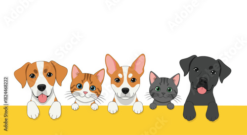Adorable cartoon dogs and cats peek over a bright yellow wall, perfect for pet stores, vet clinics, and children's books