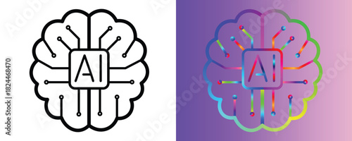 Modern brain icon with AI chip for innovative technology and learning, a clean graphic for artificial intelligence concepts and machine learning solutions.