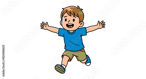 a boy is running with a happy expression