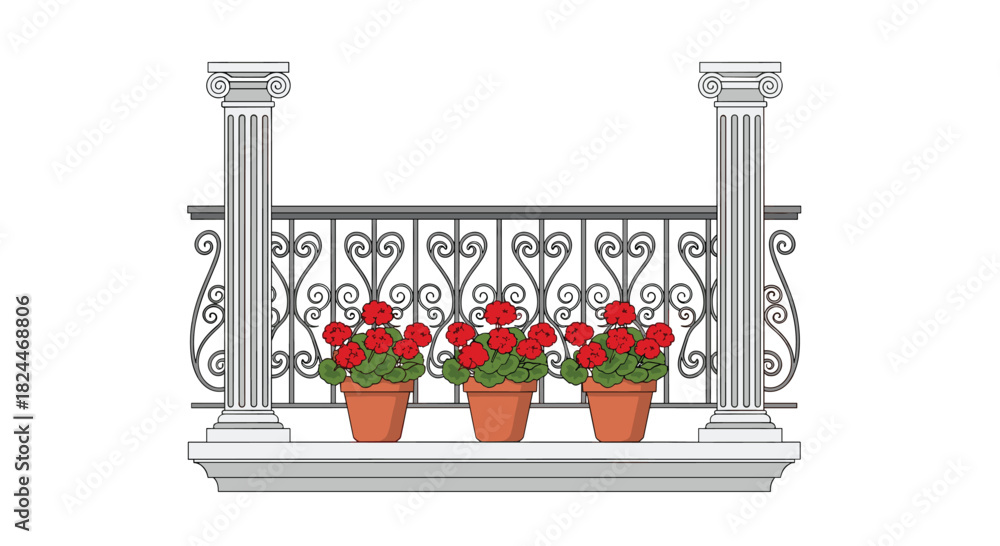 Fototapeta premium Elegant balcony with vibrant red geraniums in terra cotta pots adding charm to a classic architectural design for stylish home decor