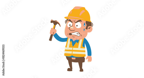 vector illustration of A frustrated construction worker holding a hammer, looking angry