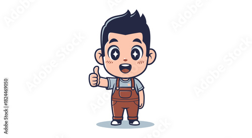 vector illustration of Cheerful Boy Giving a Thumbs Up in a Cartoon Style. A young boy in overalls, shows thumbs up, indicating approval and positivity
