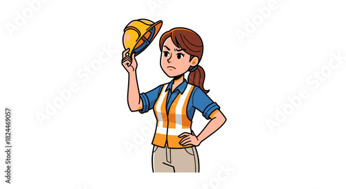 vector illustration of A woman engineer holding a yellow hardhat and wearing a reflective vest