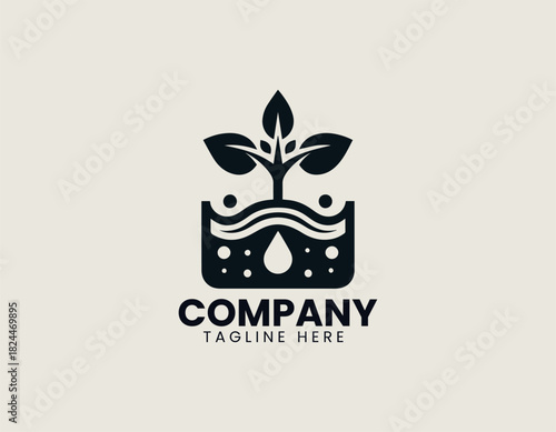 Hydroponic plant growing in a nutrient water system crafted in a clean bold black vector illustration logo