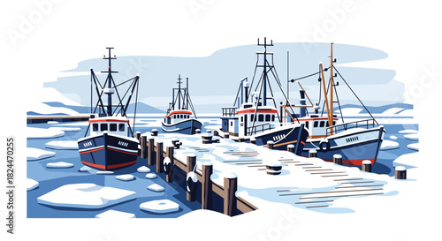Charming winter scene of fishing boats docked at snowy pier ready for holiday travel adventures and nautical expeditions in the Arctic