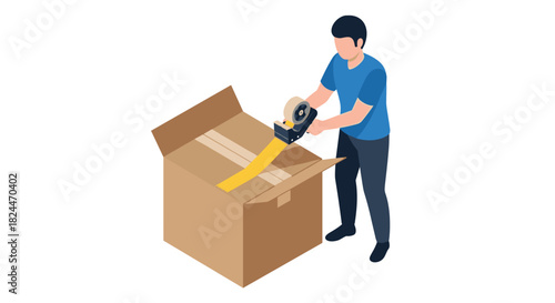 Man sealing cardboard box with tape gun for shipping or moving services, perfect for logistics, delivery, or home relocation promotions