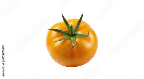 Single yellow tomato with green stem and leaves isolated on a transparent background 2