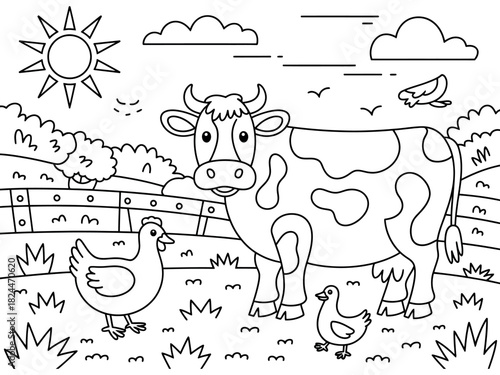 A cow and chickens happily graze in a sunny farm pasture.