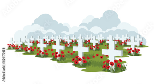 Remembering heroes with poppies and crosses in a field under a cloudy sky symbolizing remembrance and sacrifice on memorial day