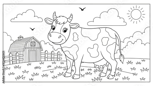 Cartoon illustration of a cow standing in a field with a barn, clouds, sun, and birds, designed as a coloring page.