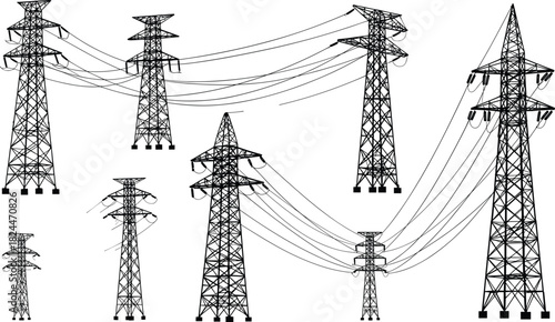High voltage electric transmission towers with power lines, industrial energy grid infrastructure, electricity distribution system, utility pylons, and renewable power connection.