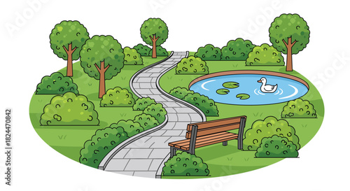 Cartoon park scene with winding path, pond with duck, and inviting bench for relaxation and enjoying nature's tranquility