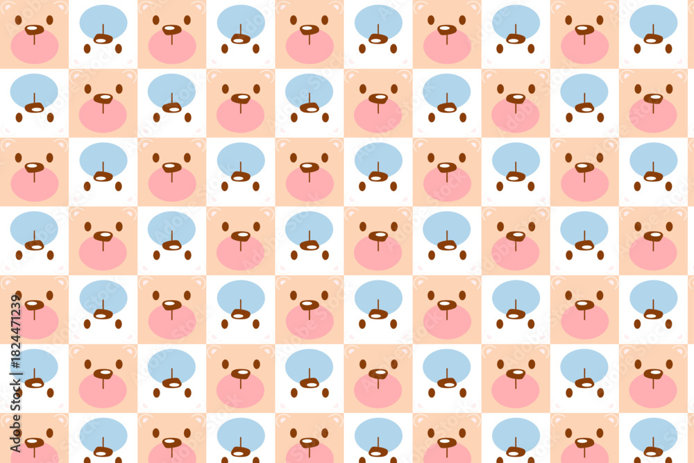Fototapeta premium Cute seamless pattern with alternating pink and blue bear faces on a checkered background. Perfect for baby, kids, or playful design projects.